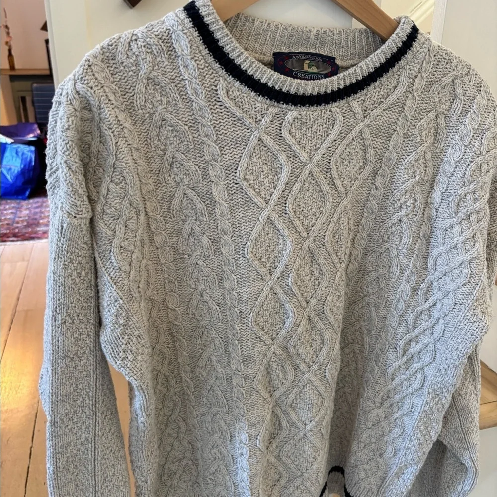 VINTAGE CABLEKNIT SWEATER Men's Vintage Crewneck in Grey with Navy Trim Size XL